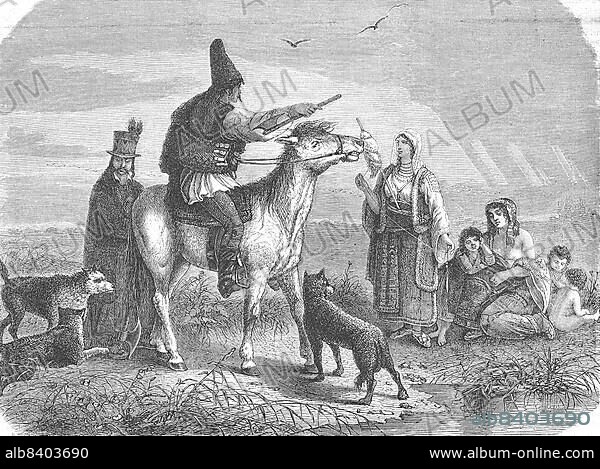 Peasants in country traditional costume in Bukovina, 1869, formerly Austria, today Ukraine, Historic, digitally restored reproduction of an original 19th century original, exact original date not known.
