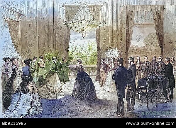 Visit of Empress Eugenie de Montijo, Maria Eugenia Ignacia Agustina de Palafox Portocarrero de Guzman y Kirkpatrick with Queen Victoria of England, Historic, digitally restored reproduction of an original 19th century master, exact original date unknown.