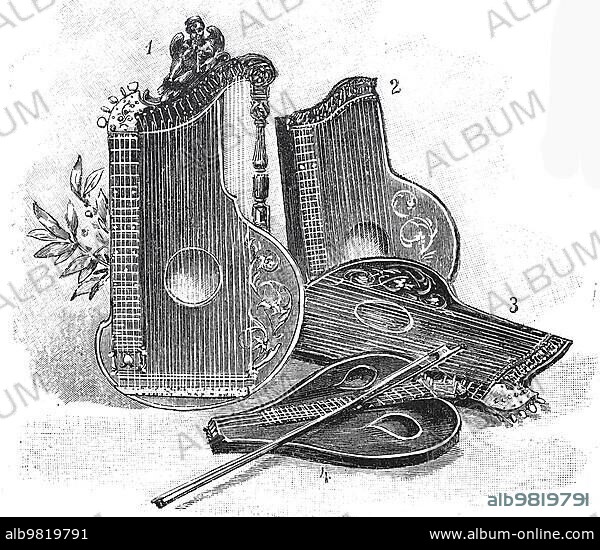 Musical instruments; zithers; c. 1890; Germany; Historic; digitally restored reproduction from a 19th century original; Europe.