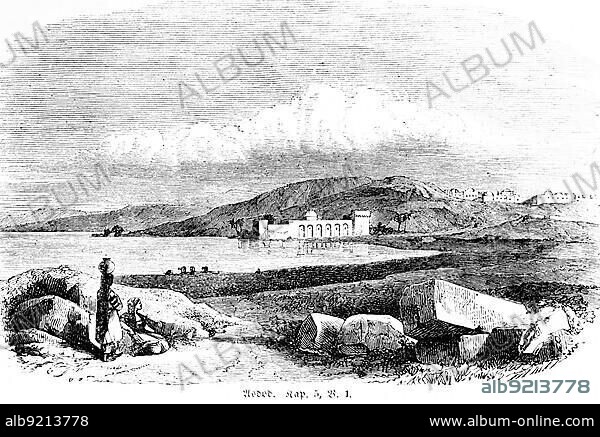Ashdod, Azotas, Ascalon, Esbud, city, landscape, mountains, ark of the covenant, lake, woman, rocks, Bible, Old Testament, First Book of Samuel, chapter 5, verse 1, historical illustration around 1850, Middle East.