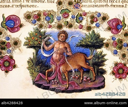 Facsimile of the Bible of Borso d'Este. Volume II, folio 274 verso: The figure of a centaur. Biblioteca Estense Universitaria, Modena.. The Bible of Borso d'Este consists of 2 volumes with the pages illuminated on both the front and the back. Created by Taddeo Crivelli (1425-1479), with contributions by Franco dei Russi (active from 1453-1482), Guglielmo Giraldi (active from 1445-1490) and Girolamo de Corradi (active from 1451-1483).
