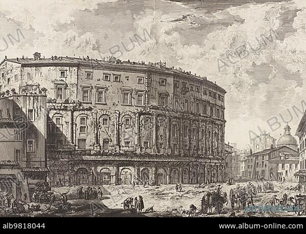 Ancient Rome; Marcellus Theatre was a theatre in ancient Rome that still exists today in the form of a residential building; 1770; Italy; Historic; digitally restored reproduction from an original of the period; Europe.