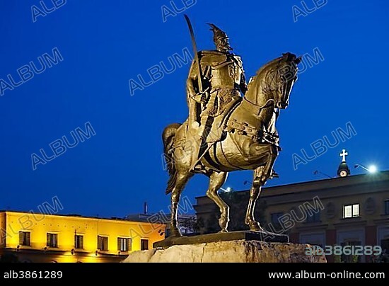 Skanderbeg Monument, equestrian statue Skënderbej, Albanian national hero Skanderbeg, at night, Skanderbeg Square, Tirana, Albania, Europe.