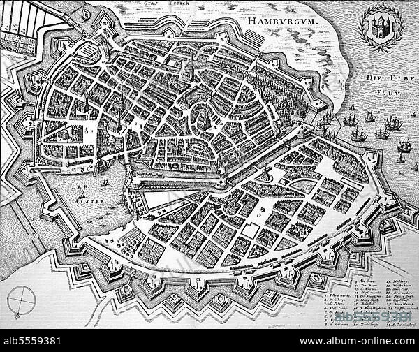 Hamburg im Mittelalter, Stadtplan, Deutschland, Historisch, digitale Reproduktion einer Originalvorlage aus dem 19. Jahrhundert, Originaldatum nicht bekannt.