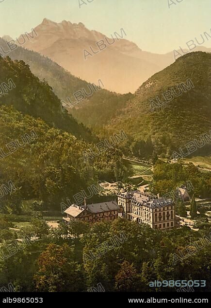 Hotel, Aigle-Les-Bains, Switzerland, 1896, Historic, digitally restored reproduction of a 19th century photochrome print, Europe.