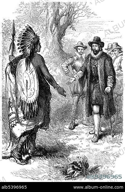 Historical scene from the U.S. history of the 17th century, John Winthrop, 1588 - 1649, an English Puritan, first governor of the Massachusetts Bay Colony, speaking with a Native American of the Narragansett tribe, Narragansett Bay, 1932.