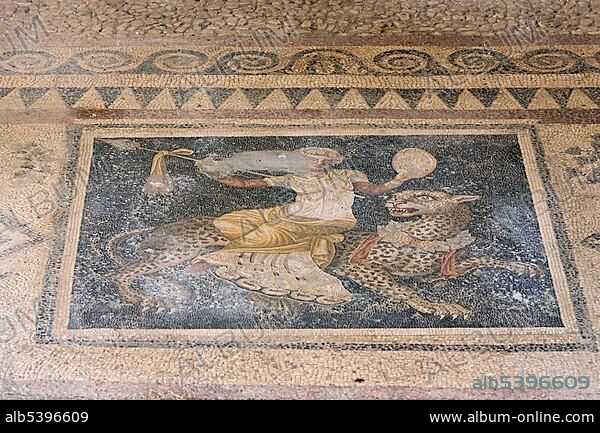 Mosaic showing Dionysos riding on a panther from House of the Masks, Delos, Greece, Europe.