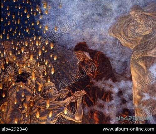Amos Nattini (1892-1985), "The Divine Comedy" by Dante Alighieri (1265-1321). Inferno, Canto XV, Circle 7: Violence. 3rd Ring : Against God, Art and Nature. The Sodomites run in circles. Among the damned souls, Dante recognizes Brunetto Latini, who tells him about the prophecy of his exile (detail).. Private collection.. In 1921, for Dante Aligheri's 600th anniversary of death, the Istituto Nazionale Dantesco chose Amos Nattini to illustrate The Divine Comedy. The illustrations have been published in 1923.