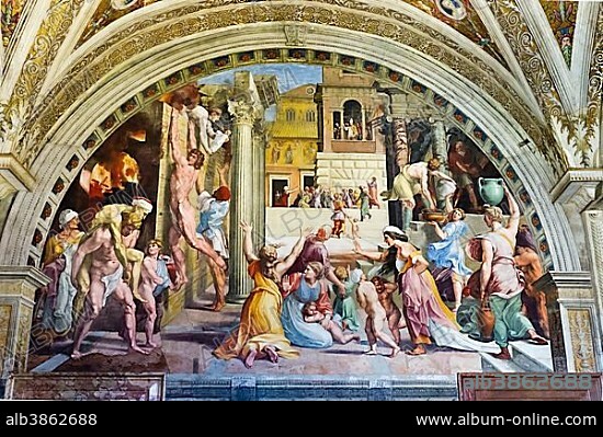L'incendio di Borgo, Fire in the Borgo, Stanza dell' Incendio, Stanze di Raffaello, Raffaello Santi and Giulio Romano, 1514-1517, Vatican Museums, Vatican, Rome, Lazio, Italy, Europe.
