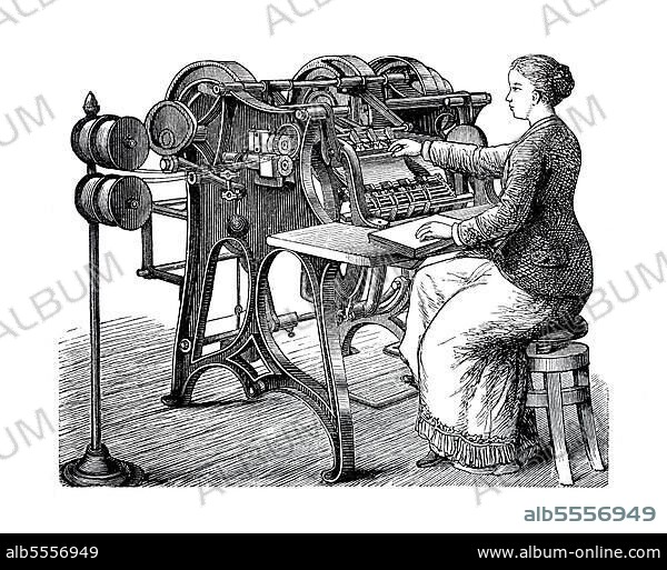 Buchbindereimaschinen 1890: Drahtheftmaschine, digital restaurierte Reproduktion einer Originalvorlage aus dem 19. Jahrhundert, Originaldatum nicht bekannt.
