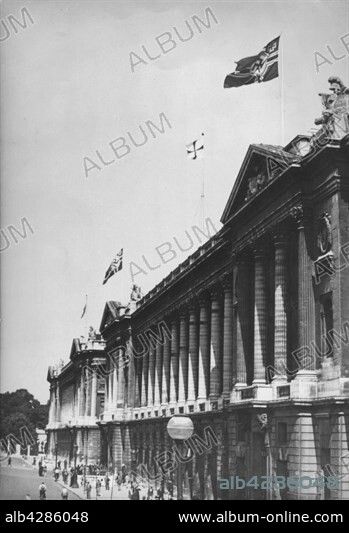 World War II: Occupation of Paris by German invaders. The Nazi flag flying over the Ministry of the Marine building, Place de la Concorde, July 1940.