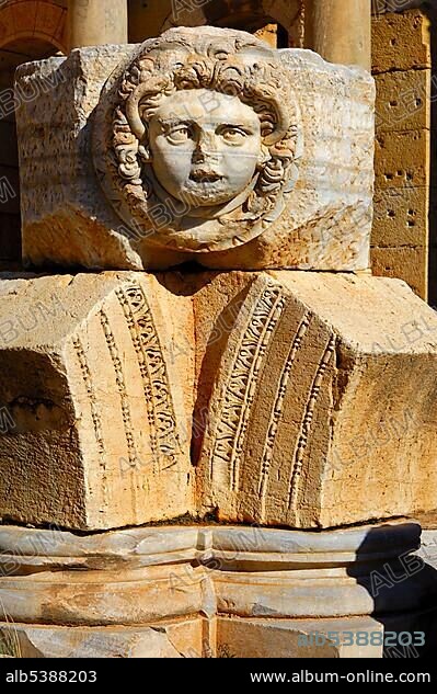 Head of Medusa, Severan Forum, Ruins of the Roman City Leptis Magna, Libya, Africa.