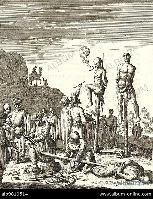 Torture; impalement; people impaled on a stake in Egypt; Historical; digitally restored reproduction from a 19th century original.