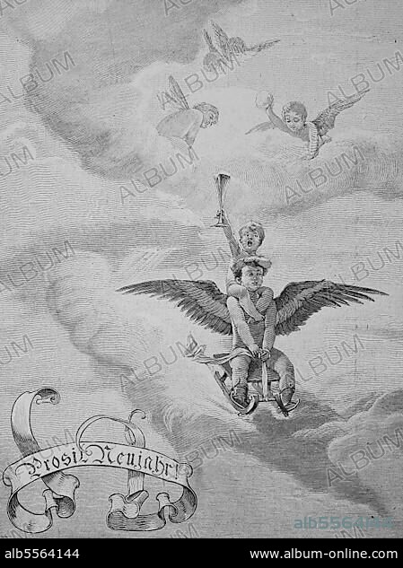 Frohes neues Jahr Illustration mit Engeln am Himmel, Historisch, digital restaurierte Reproduktion einer Originalvorlage aus dem 19. Jahrhundert.
