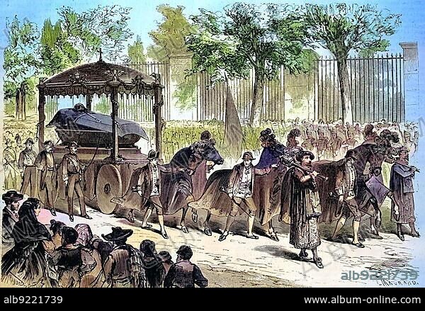 Funeral of Ramon Maria Narvaez Campos (4 August 1800 - 23 April 1868), Duke of Valencia since 1844, was a Spanish military man and politician. He was Spanish Prime Minister several times between 1844 and 1868, Historical, digitally restored reproduction of a 19th century original.