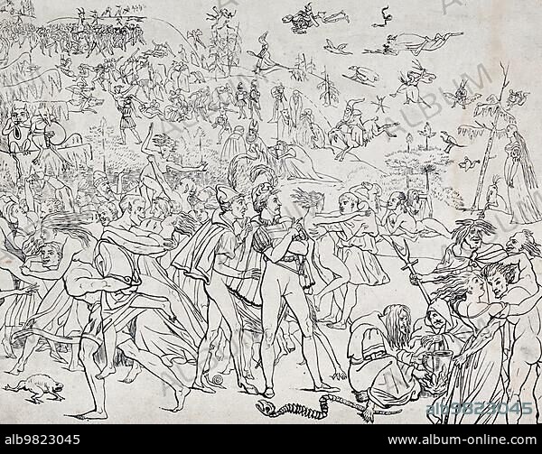 Two men amidst the orgies of a witches sabbath; probably Faust and Mephistopheles on the Brocken; in the Walpurgis Night scene from Goethes Faust; Demonology; Witchcraft; Historical; digitally restored reproduction from an 18th or 19th century original.