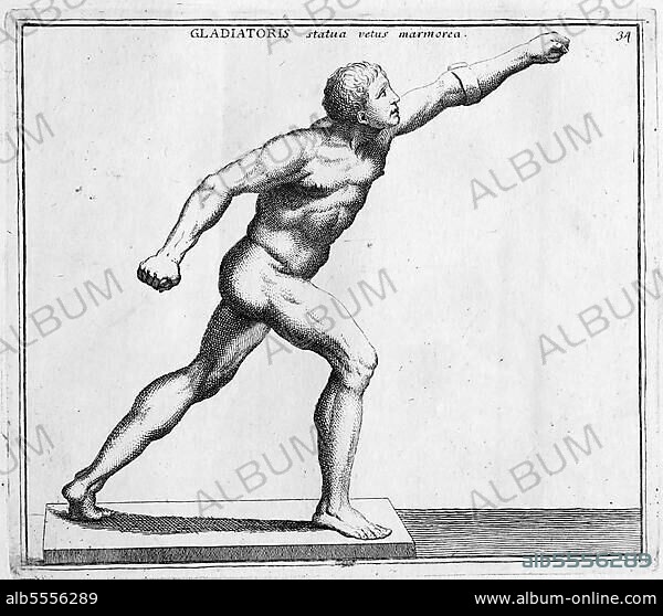 Statue aus der Villa del Pricipe Borghese eines Gladiator, Gladiatoren waren im antiken Rom Berufskämpfer, die in öffentlichen Schaustellungen gegeneinander kämpften, historisches Rom, Italien, digitale Reproduktion einer Originalvorlage aus dem 18. Jahrhundert, Originaldatum nicht bekannt.