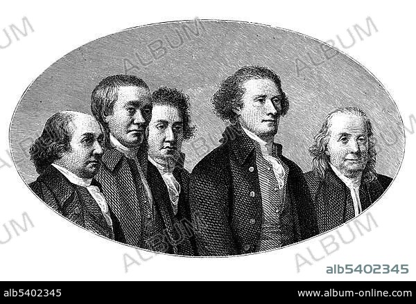 Group signing the United States Declaration of Independence on the 4. Juli 1776, from left to right, John Adams, Roger Sherman, Robert Livingston, Thomas Jefferson, Benjamin Franklin.