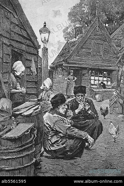 Feierabend in Holland, Männer rauchen nach der Arbeit Pfeife, Bauernhof, ca 1898, Historisch, digitale Reproduktion einer Originalvorlage aus dem 19. Jahrhundert, Originaldatum nicht bekannt.