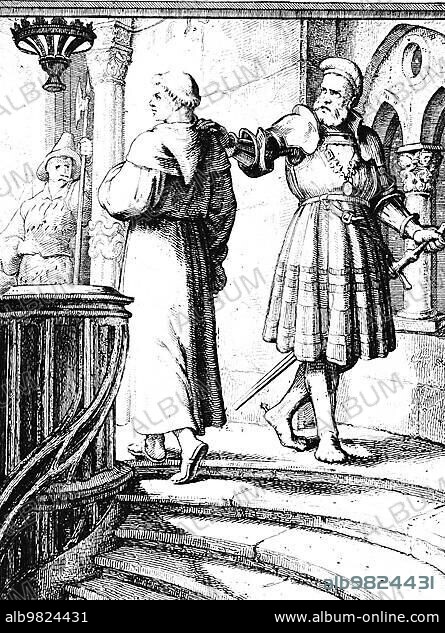 Martin Luther and Knight Georg von Frundsberg in front of the entrance to the Imperial Hall; monk's habit; castle; religion; 16th century; historical illustration c. 1860.