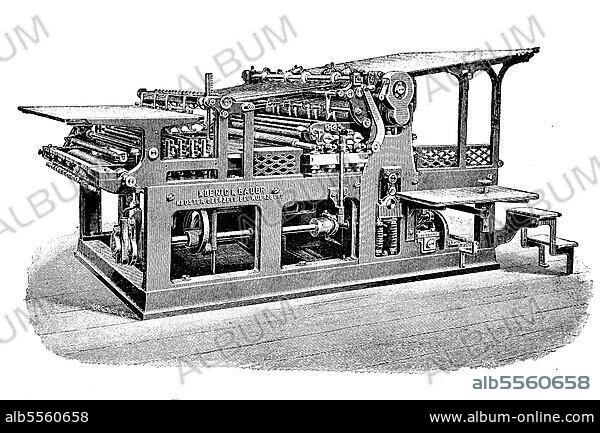 Drucktechnik, Zweitourenmaschine für Werkdruck, Illustrationsdruck und Autotypiendruck, von König und Bauer, Kloster Oberzell bei Würzburg, Deutschland, digital restaurierte Reproduktion einer Originalvorlage aus dem 19. Jahrhundert.