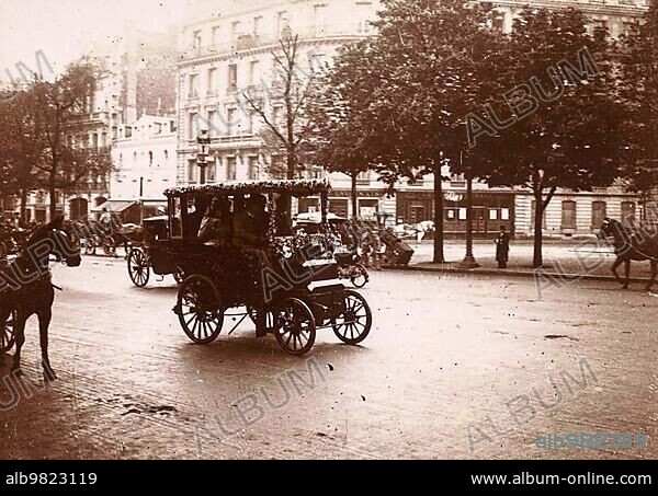 History of the automobile; car on a street; Paris; 1895; France; digitally restored reproduction from a 19th 20th century original; Europe.