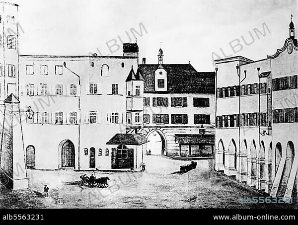 Zeichnung um 1850, Max-Josephsplatz und Mittertor, Rosenheim, Oberbayern, Bayern, Deutschland.