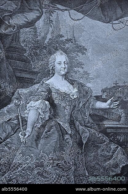 Maria Theresia Walburga Amalia Christina, 13. Mai 1717, 29. November 1780, war die einzige weibliche Herrscherin der habsburgischen Herrschaftsgebiete und die letzte des Hauses Habsburg. Sie war die Herrscherin von Österreich, Ungarn, Kroatien, Böhmen, Siebenbürgen, Mantua, Mailand, Lodomerien und Galizien, den österreichischen Niederlanden und Parma, digitale verbesserte Reproduktion eines Originaldrucks aus dem 19. Jahrhunderts.