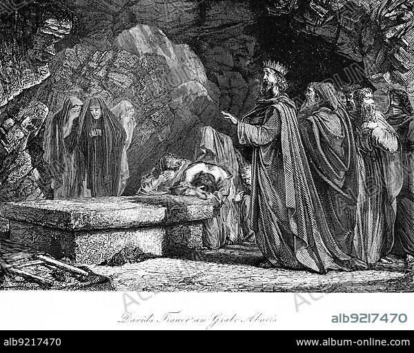 David's mourning at the grave of Abner, cave, army leader, tomb, rock face, stone tomb, weeping, King David, woman, veil, Bible, Old Testament, Second Book of Samuelis, historical illustration c. 1850, Middle East.
