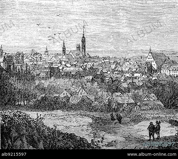 The town of Freiberg in 1870, Saxony, Germany, Historical, digitally restored reproduction from a 19th century original, Europe.