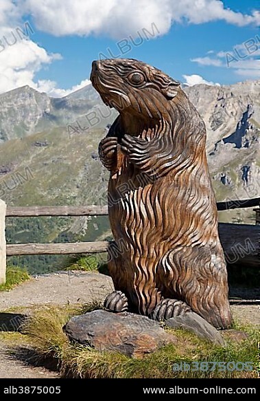 Carved marmot at Fuscher Lacke lake, Grossglockner High Alpine Road, Hohe Tauern National Park, Austria, Europe.