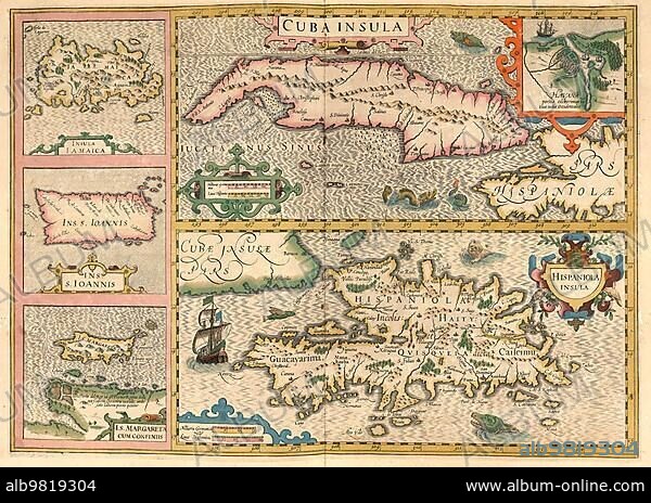 Atlas; map from 1623; Central America; Caribbean; Cuba; Hispaniola Haiti; Jamaica; Isla Margerita; Ioannis; digitally restored reproduction from an engraving by Gerhard Mercator; born as Gheert Cremer; 5 March 1512; 2 December 1594; geographer and cartographer; Central America.
