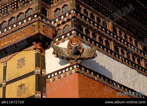 Wood carving at the Dzong of Thimphu, Bhutan, Asia.