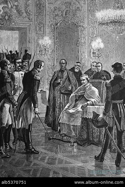 Historical engraving, capture of Pope Pius VII by French General Radel, Pius VII, Count Luigi Barnaba NiccolÃ² Maria Chiara Monti, 1742-1823, 1888.