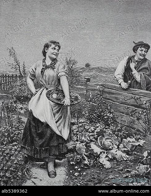 Young woman standing in her herb garden and the neighbour wants to flirt with her, 1880, historical woodcut, Germany, Europe.