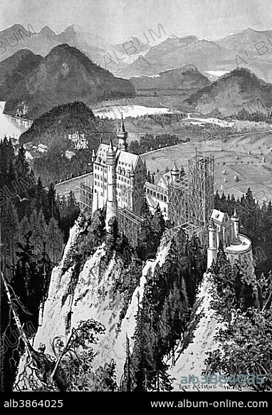Construction of Schloss Neuschwanstein Castle, Bavaria, Germany, historical wood engraving, 1886, Europe.