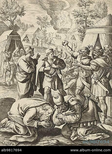 Story of the Prophet Moses; The People of Israel Threaten to Stone Moses; Aaron; Joshua and Caleb; c. 1600; Historical; digitally restored reproduction from an 18th or 19th century original.