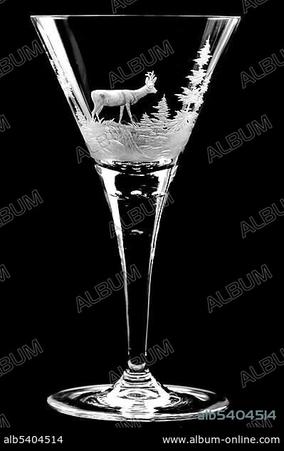 Antique champagne glass with hunting motif, roe buck, late 18th century.