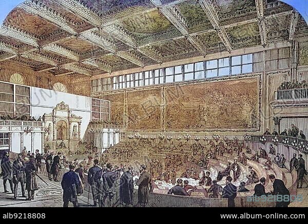 The Parliament in Florence in the Hall of the Five Hundred, Sala dei Cinquecento, in the Palazzo Vecchio, 1869, Italy, Historic, digitally restored reproduction of an original 19th century painting, exact original date unknown, Europe.