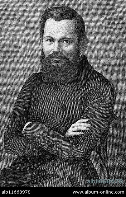 Heinrich Laube (1806-1884) on engraving from 1859. German dramatist, novelist and theatre director. Engraved by Wolf and published in Meyers Konversations-Lexikon, Germany, 1859, Europe.