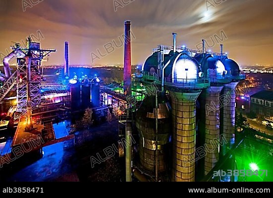 Landschaftspark Duisburg-Nord, public park on a former industrial site, illuminated at night with a full moon, view from blast furnace No 5, Duisburg, North Rhine-Westphalia, Germany, Europe.
