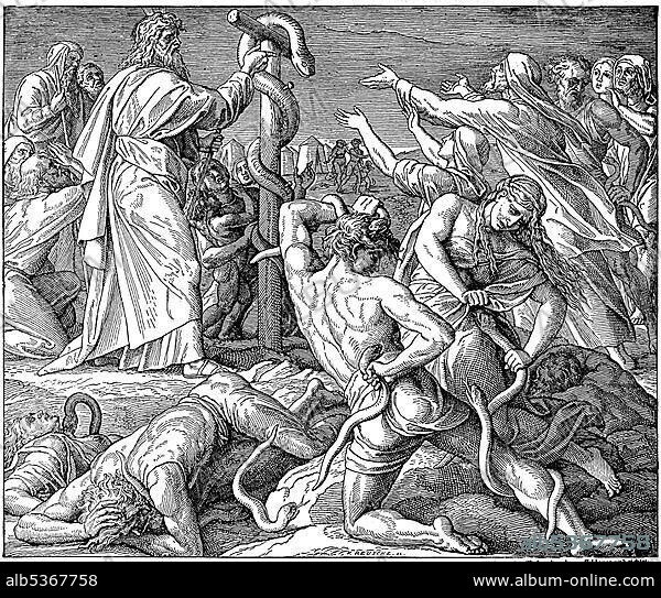 Woodcut, The Brazen Snake, Fourth Book of Moses, Book of Numbers, 12, 9, Old Testament, Catholic Picture-Bible.