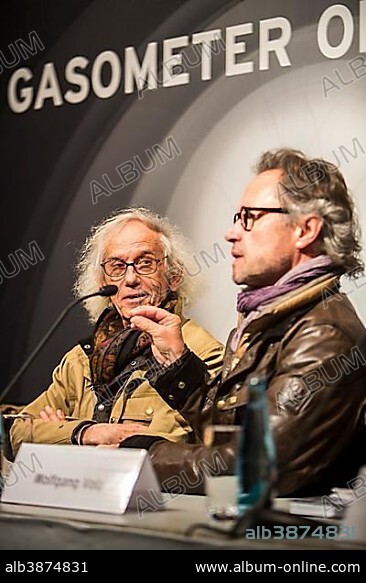 The artist Christo, left, with project manager Wolfgang Volz, press conference at the opening of the exhibition of the Christo-installation "Big Air Package" in the Gasometer Oberhausen, Oberhausen, North Rhine-Westphalia, Germany, Europe.
