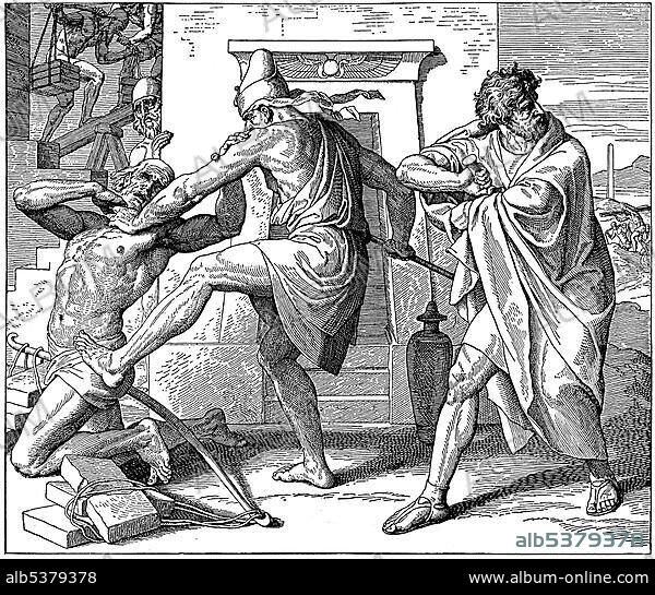 Woodcut, Moses takes revenge, Second Book of Moses, Exodus 2, 11, Old Testament, Catholic Picture-Bible.
