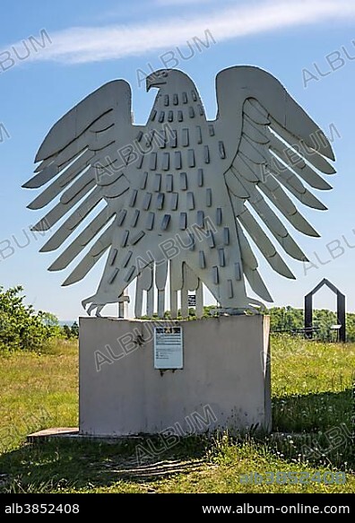 Federal Eagle, 1999, artist Herbert Fell, installation in the Skulpturenpark Deutsche Einheit sculpture park of German Unity, Friedensweg peace path, Henneberg, Thuringia, Germany, Europe.