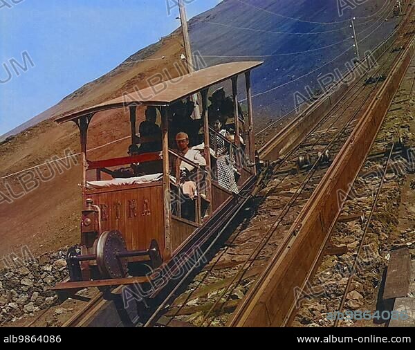 Funicular railway, Funicolare vesuviana, with people on the track on the flanks of Vesuvius, 1890, Naples, Italy, Historic, digitally restored reproduction of a photograph by Giorgio Sommer, coloured, Europe.