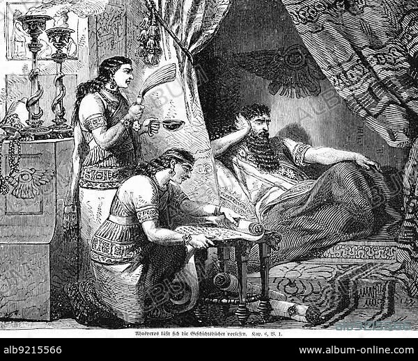 Ahasuerus has the history books read to him, bed, curtain, lights, woman, servants, king, bedchamber, chronicle, lie, kneel, Bible, Old Testament, The Book of Esther, chapter 6, verse 1, historical illustration c. 1850.