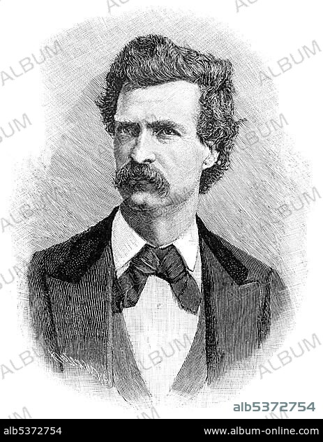 Historical engraving, 19th century, portrait of Samuel Langhorne Clemens or Mark Twain, 1835 - 1910, American writer, author of Adventures of Tom Sawyer and The Adventures of Huckleberry Finn.