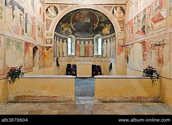 Oratorio Visconteo di Albizzate, 1380, with frescoes, symbols of the four Evangelists, Majestas Domini apse, Albizzate, Lombardy, Italy, Europe.