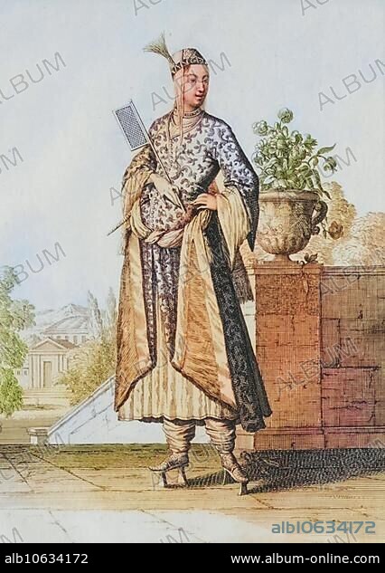 Traditional traditional costume, clothing, a Turkish woman in the house, around 1700, Ottoman Empire, Turkey, copperplate engraving by Caspar Luyken from 1703, digitally restored reproduction from an 18th century model, Asia.
